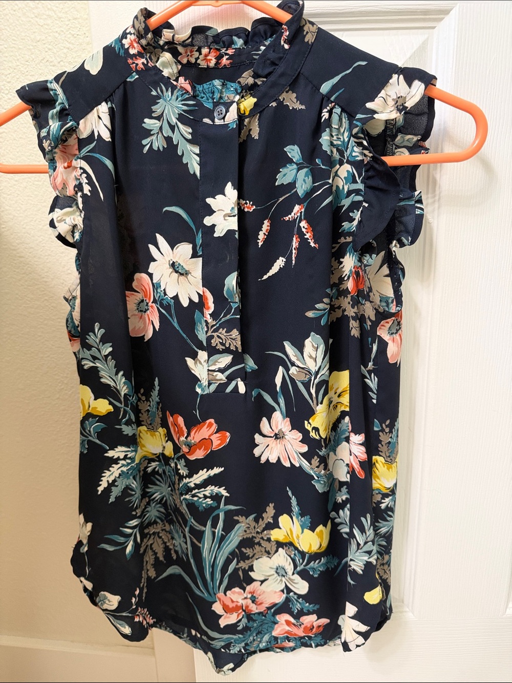 LOFT Navy Floral Ruffle Mock Neck Camisole with Multicolor Blooms
